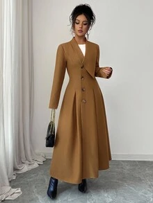 Elenzga Áo khoác blazer dài cổ bẻ, viền loe bất đối xứng dành cho nữ, thích hợp cho các buổi đi chơi mùa thu/đông, hẹn hò, đi làm, công sở, phong cách Pháp thanh lịch - màu nâu - Xem 5