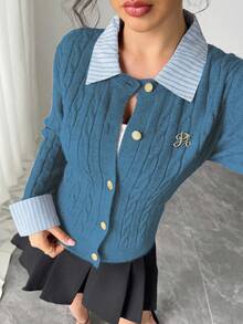 Chiquease 时尚博主风格的二合一拼布针织开衫 - 水鴨藍 - 查看 7