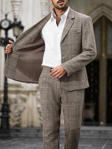 Calvornis 男士格子休闲长袖上衣和裤子套装 - 駝色 - 查看 6