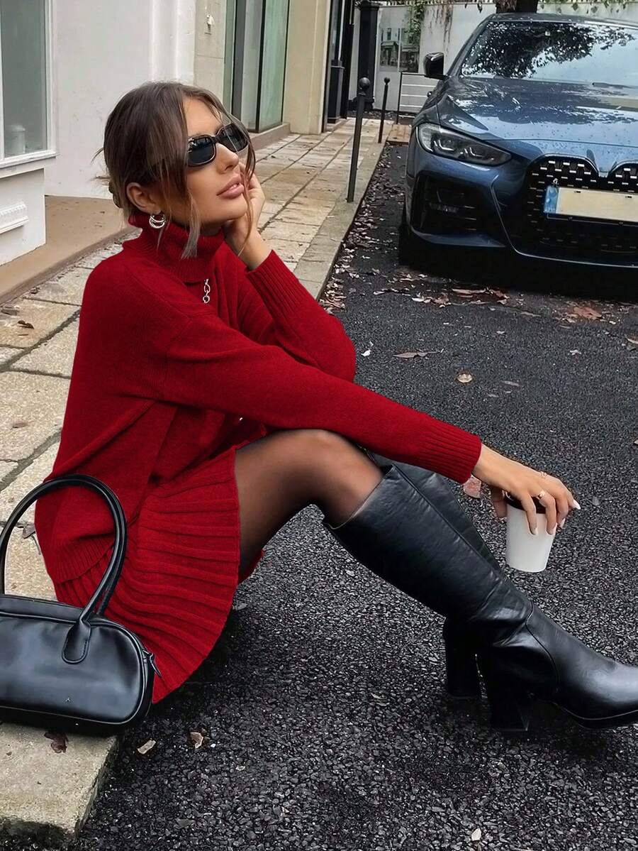 EMERY ROSE 2pcs Women Grey Turtleneck Knit Sweater Set - Red - View 1