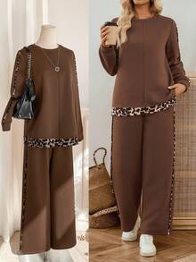 EMERY ROSE 女士休闲豹纹拼布卫衣和裤子两件套，秋冬两件套女士棕色两件套女士豹纹两件套两件套休闲套装女士女士棕色休闲套装 - 巧克力棕 - 查看 7