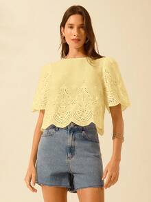 Women's Vacation Casual Water-Soluble Lace Hollow, Shoulder Ruched Cropped Top - Yellow - View 7