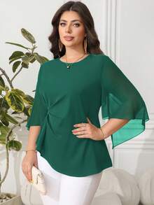 Reflora Plus Size Women's Elegant Solid Color Pleated Blouse - Olive Green - View 4