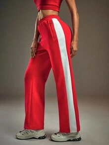 Powerista Women's Casual Sports Contrast Color Thermal Lined Zipper Pocket Pants - Red and White - View 6