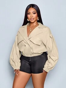 SOLERSUN Plus Size Women's Autumn Windbreaker Jacket,Casual Lapel Buttoned Short Lantern Sleeve Coat,Commuter Elastic Hem Pocket Fashion Clothing - Khaki - View 4