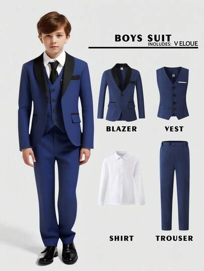 SHEIN 4 Stücke Premium Elegantes Stilvolles Formelles Anzug Set für Jugendliche für Bankett, Hochzeit, Bühnenauftritt, Moderation. Beinhaltet Blazer Jacke, Passende Weste, Weißes Langarm Hemd, Freizeithose. Geeignet für Dinnerparty, Zeremonie, Bühnenshow, Zusammenkunft, Laufsteg, Taufe, Geschäft, Geburtstag, Hochzeit, Abschluss - Ganzjährig