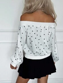 INAWLY Retro Girl's Off Shoulder Five-Pointed Star Print Sweatshirt - Multicolor - View 2