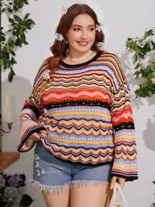 Flirla Áo len dệt kim khoét lỗ màu tương phản ngày lễ cỡ lớn, cỡ lớn - màu đen - Xem 5