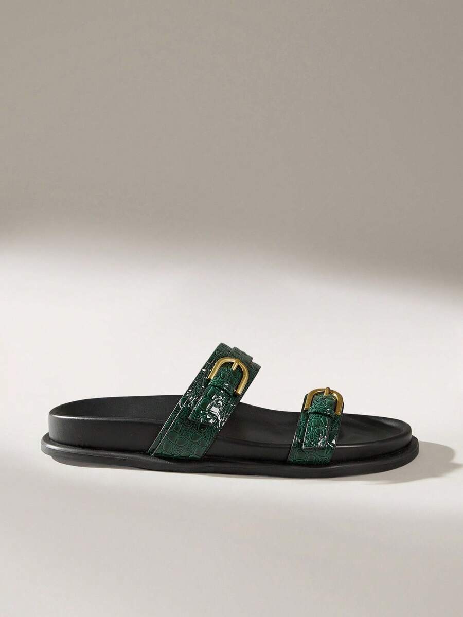 Solecia 女士时尚棕色舒适平底沙滩凉鞋 - 墨綠色 - 查看 1