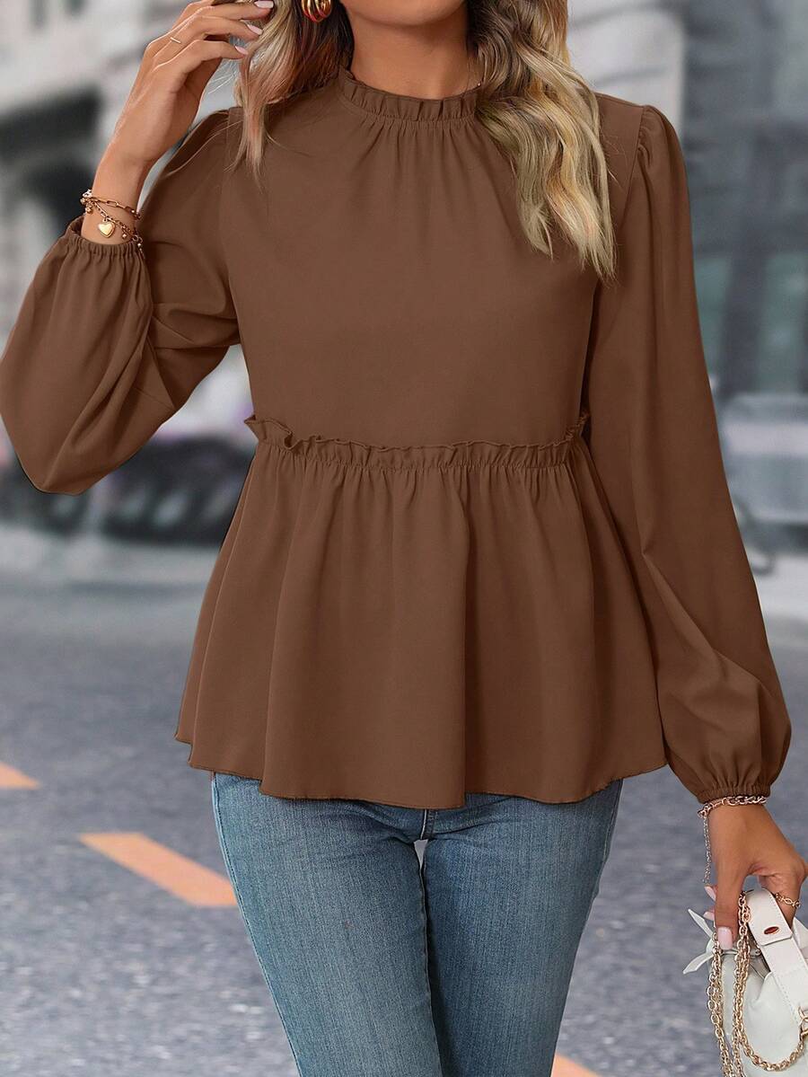 荷叶边灯笼袖荷叶边衬衫，女士休闲纽扣，荷叶边下摆长袖立领常规版型常规黑色主教袖荷叶边女式衬衫，春/秋，休闲日常穿着荷叶边上衣 - 棕色 - 查看 1