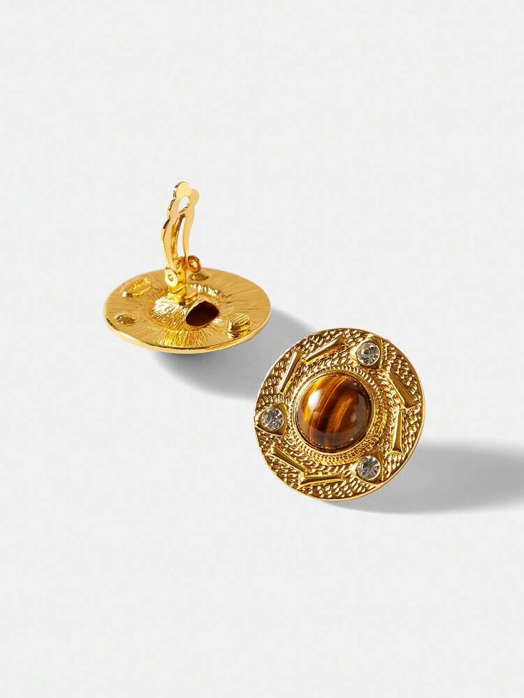 LUXURY EMBELLISHED ROUND TIGER EYE CLIP-ON EARRINGS