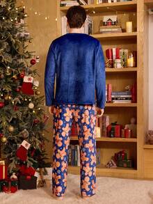 CoupledUp Cute Christmas Pattern Cozy Men Fluffy Pajama Set, Fall Winter Clothes - Multicolor - View 2