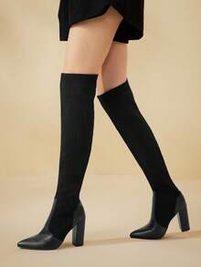 CUCCOO BASICS CUCCOO Fashionable Versatile Black High Heel Over-The-Knee Boots - Black - View 2