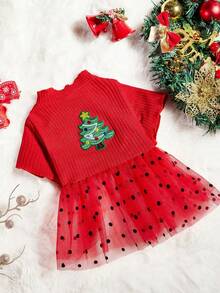 PETSIN 1pc Pet Christmas Red Knitted Flocked Polka Dot Mesh Embroidered Christmas Tree Dog Dress - Multicolor - View 1