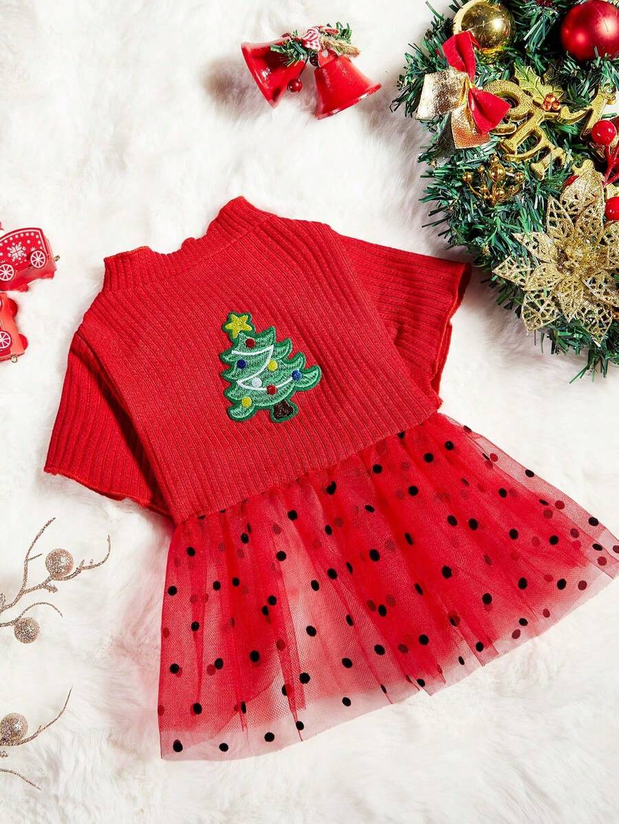 PETSIN 1pc Pet Christmas Red Knitted Flocked Polka Dot Mesh Embroidered Christmas Tree Dog Dress - Multicolor - View 1
