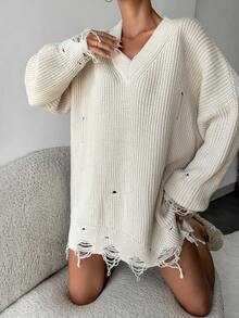EURMUSE Ribbed Knit Drop Shoulder Distressed Sweater - Beige - View 5