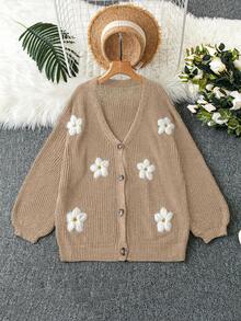 SHEIN LUNE Plus Size Women's Solid Color Knitted V-Neck Daisy Embroidered Single-Breasted Lantern Sleeve Casual Cardigan Sweater, Autumn/Winter