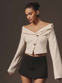 Hauture Top tailleur décontracté sexy pour femmes à col large et manches longues - Nude - Voir 4