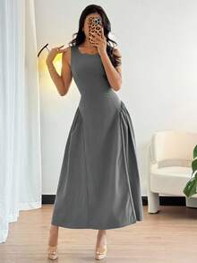 DAZY Vestido de línea A de longitud media con cuello redondo y espalda descubierta para mujer