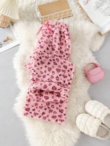 SHEIN Unity Pink Rabbit Fur Leopard Print Bow Elastic Waist Straight Pants - Pink - View 4