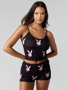 Missguided x Playboy 兔子印花连体吊带上衣和热裤节日夏季沙滩休闲服两件套节日派对俱乐部服装 - 黑色 - 查看 3