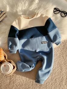 SHEIN Baby Jungen Farbblock Strick Kragen Langarm Jumpsuit, weich & bequem, vielseitig kombinierbar, geeignet für Herbst & Winter
