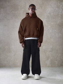 SUMWON 短款套头连帽衫经典中央口袋超大休闲秋冬家居服运动衫街头风格宽松版型 - 巧克力棕 - 查看 4