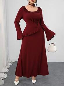 Modelyn 大码女式纯色拼布荷叶边方领喇叭袖合身鱼尾下摆优雅连衣裙 - 酒紅色 - 查看 7