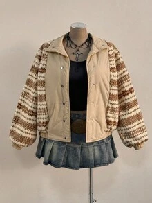 Sunspun 休闲优雅立领短款抽绳腰双面枫叶印花夹克，学院风，加大码女式夹棉外套 - 杏色 - 查看 7