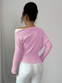 Elenzga 女式拼色不对称肩部套头毛衣，优雅复古风格，适合休闲、度假，适合春秋季节 - 粉色 - 查看 2
