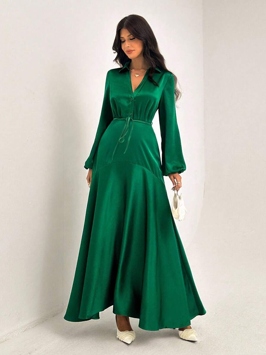 Almamuse Damen elegantes, strukturiertes Kleid mit weitem Ärmel - Grün - Übersicht 1