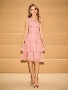 Tween Girl Elegant Dusty Pink Multi-Tier Hem Mid-Length Formal Dress,Asymmetric Shoulder Strap Summer Graduation Dress For Evening Party,Prom,Wedding - Pink - View 3
