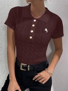 RosyDaze Blusa de punto de manga corta de unicolor y estilo minimalista, para uso diario - Café integral - Ver 3