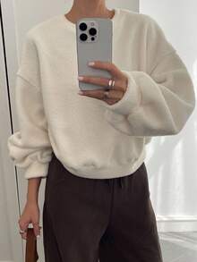 Livesso 女士宽松商务休闲简约保暖内衬厚款运动衫，秋冬 - 米色 - 查看 4