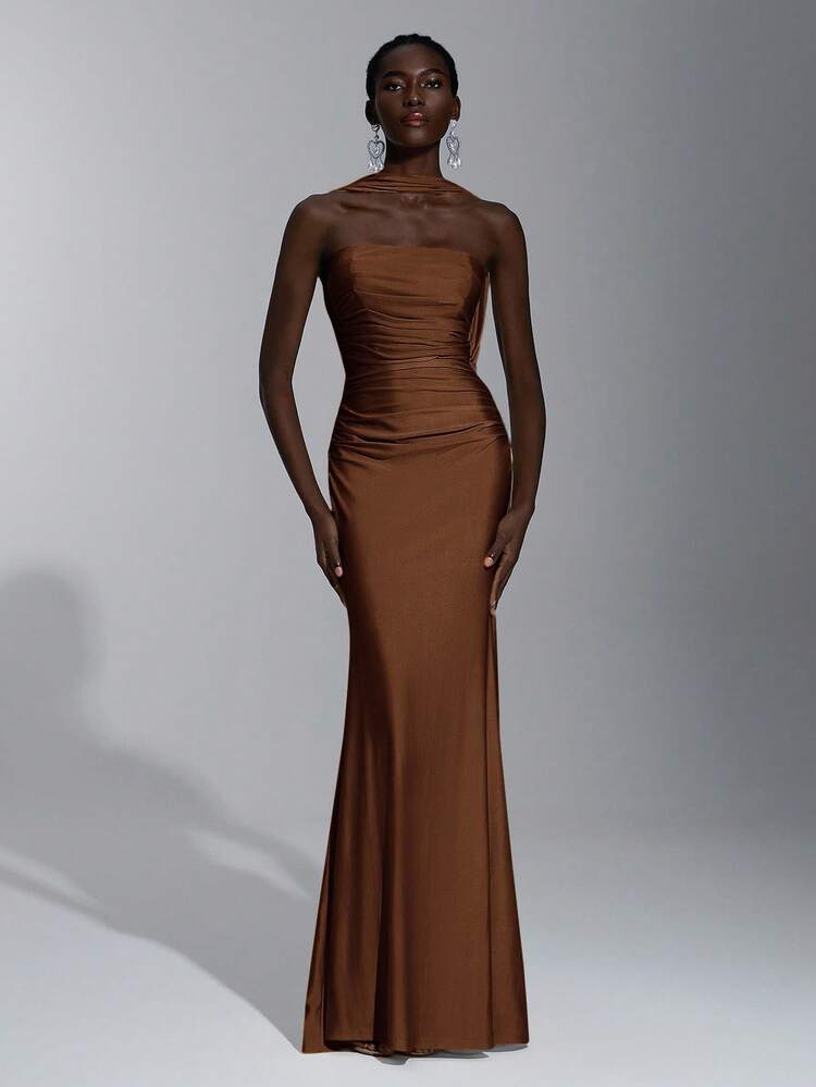 Elitara Elegante, romántico, sexy, minimalista, de punto, elástico, sin tirantes, sin espalda, ajustado, de moda, estilo influyente, adecuado para vacaciones, fiestas de cumpleaños, bodas, vestidos de dama de honor - Marrón - Añade 6