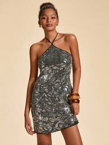 Travachic Vestido mini con escote halter, decorado con lentejuelas y perlas, de moda y sexy para mujer - Negro - Ver 4