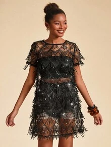 Travachic 女士度假亮片网眼圆领宽松迷你连衣裙 - 黑色 - 查看 8