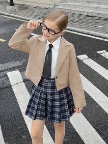 SHEIN 青少年女孩休闲纯色短款夹克 - 卡其色 - 查看 6