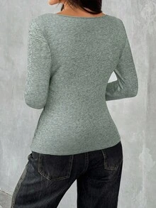 SHEIN EZwear 大码女式纯色圆领长袖修身褶皱休闲绿色上衣 - 綠色 - 查看 2