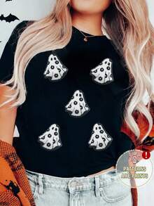 EMERY ROSE Women's Black Halloween Playful Ghost Patched Cotton Blend T-Shirt - Black - View 3