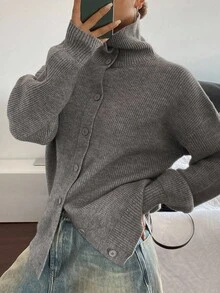 Livesso Cárdigan de cuello alto holgado de unicolor para mujer, de estilo minimalista, para otoño/invierno - Gris - Ver 7