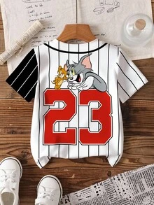 TOM & JERRY X SHEIN Young Boy's Casual Fashionable Street Style Cartoon Letter Graphic Black & White Striped Short Sleeve T-Shirt, Summer - White - View 2