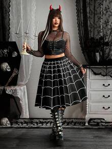 Whyspr Váy xòe cạp chun co giãn phong cách mạng nhện Gothic tối màu cổ điển mới, hóa trang Halloween - Đen và trắng - Xem 4