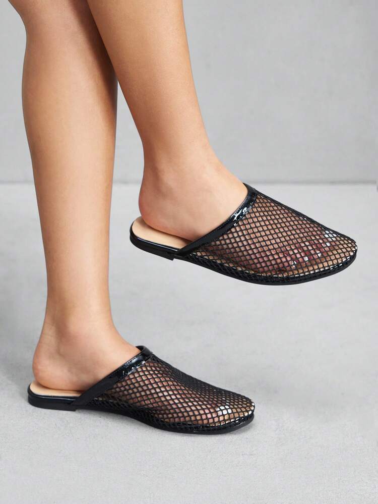 CUCCOO SZL Women's Hollow Breathable Design Pointed Toe Flat Shoes, Black Mesh Flat Shoes For Daily Wear And Home