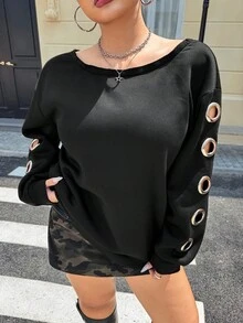 Muchica 2025 秋冬新款休闲户外、派对、约会、节日多场合大码圆领长袖镂空圆圈细节黑色大码运动衫 - 黑色 - 查看 1