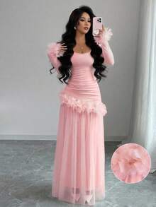 Elenzga 女士畅销新款浪漫法式修身花卉蕾丝边优雅中长连衣裙，长袖 - 粉色 - 查看 1