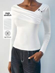 Maija White Asymmetric Ruched Front Rose Gold Metal Button Decor Long Sleeve Minimalist Elegant Blouse For Women White Top Women Long Sleeve White Top Fitted Tops Women Women Long Sleeve Tops White Tops Women,Fall Women Clothes,Halloween,Fall Clothes For Women