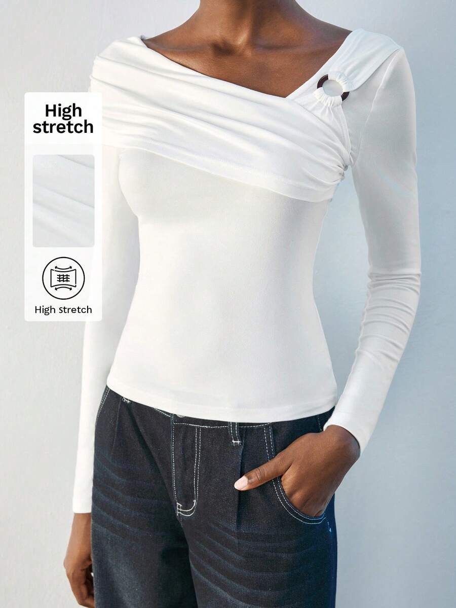 Maija White Asymmetric Ruched Front Rose Gold Metal Button Decor Long Sleeve Minimalist Elegant Blouse For Women White Top Women Long Sleeve White Top Fitted Tops Women Women Long Sleeve Tops White Tops Women,Fall Women Clothes,Halloween,Fall Clothes For Women