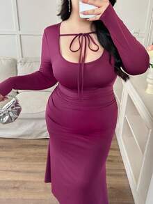 Modelyn Women's Fashionable Casual Elegant Solid Color Knit Plus Size Dress - Purple - View 1