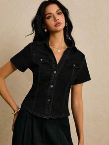 Poéselle Women's Fashionable Waist Cinched Denim Jacket, Summer